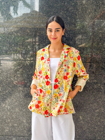 Ziya Siklab Floral Blazer Suits Formal Style Longsleeve Denim Fabric Womenswear Minimal Basic Casual