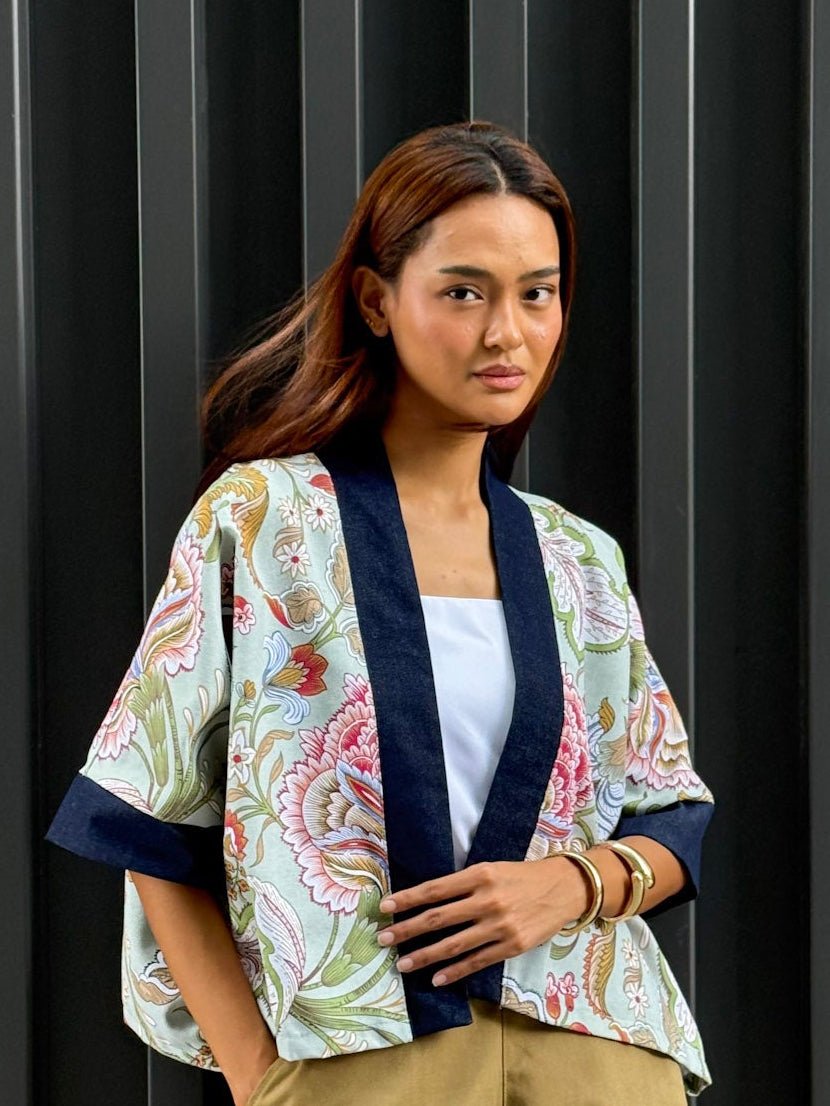 Ziya Hara Wrap Top Printed with Denim Contrast Kimono Coverup Cardigan Boho Chic