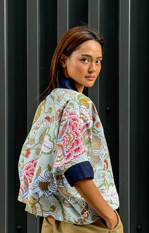Ziya Hara Wrap Top Printed with Denim Contrast Kimono Coverup Cardigan Boho Chic