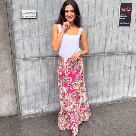 ZIYA Malaya Maxi Skirt Garterized Waist Drawstring Printed Bohemian Boho Paisley