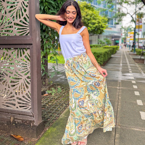 ZIYA Malaya Maxi Skirt Garterized Waist Drawstring Printed Bohemian Boho Paisley