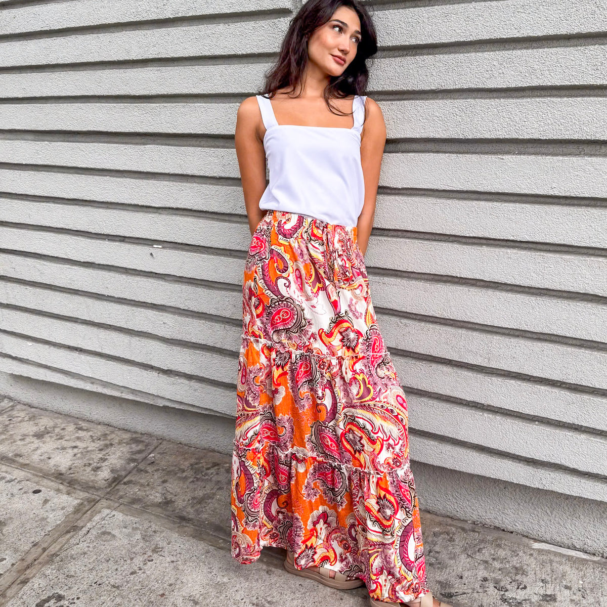 ZIYA Malaya Maxi Skirt Garterized Waist Drawstring Printed Bohemian Boho Paisley