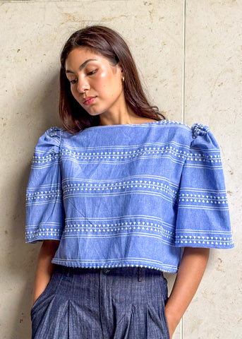 ZIYA Maria Filipiniana Cotton and Linen Blouse Puff Sleeve Embroidered Batik Print
