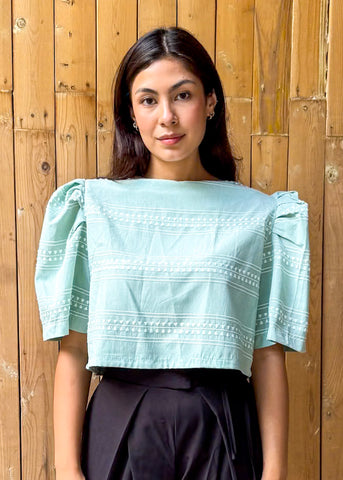 ZIYA Maria Filipiniana Cotton and Linen Blouse Puff Sleeve Embroidered Batik Print