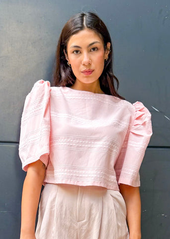 ZIYA Maria Filipiniana Cotton and Linen Blouse Puff Sleeve Embroidered Batik Print