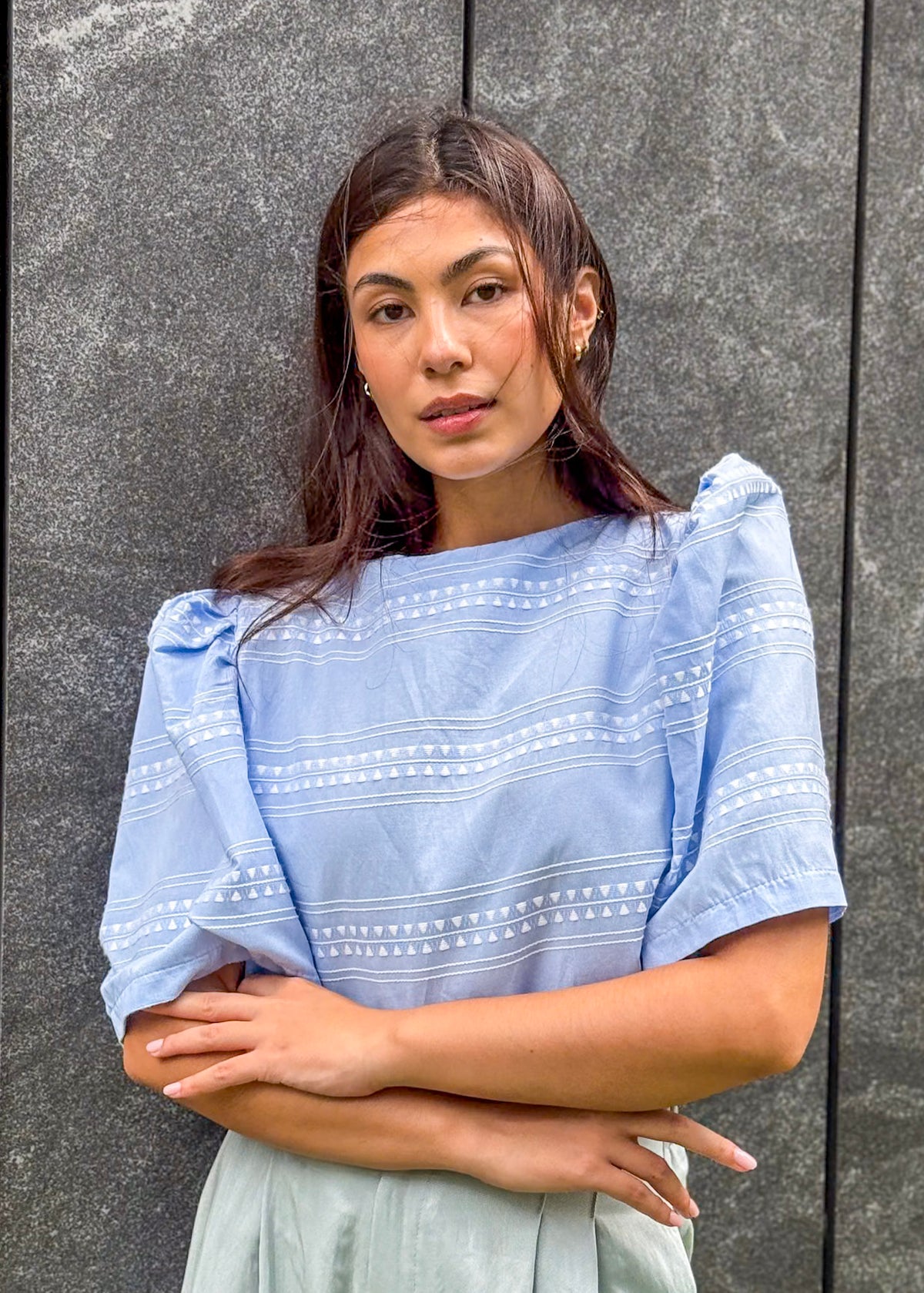 ZIYA Maria Filipiniana Cotton and Linen Blouse Puff Sleeve Embroidered Batik Print