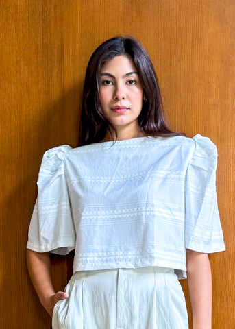 ZIYA Maria Filipiniana Cotton and Linen Blouse Puff Sleeve Embroidered Batik Print